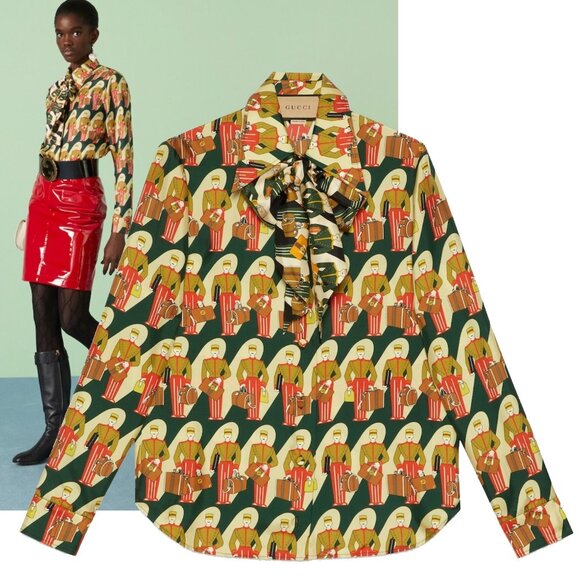 GUCCI TOP PORTER PRINT  BOW SILK TWILL SHIRT BLOUSE sz IT 40 US 4 - Picture 1 of 15